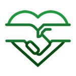 Hier sieht man das grüne Icon für faire Produktion. Es ist ein Herz in dessen Vordergrund 2 Hände geschüttelt werden.
